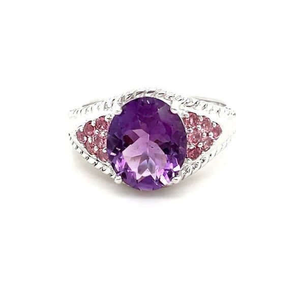 Fancy Amethyst/Pink Stones Silver 925 Ring - Picture 1 of 12